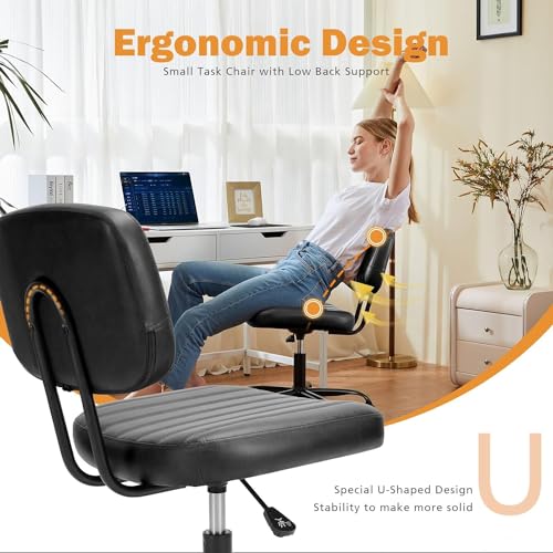 Sweetcrispy Small Office Desk Chair - Armless PU Leather with Comfy Lumbar Support, Height Adjustable Rolling Swivel Task for No Arms, for Adult, Student, Bedroom, Home, Vanity, Black Sweetcrispy