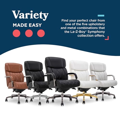 La-Z-Boy Symphony Executive Mid-Back Office Chair, Diamond Quilt Seat and Back, Pocket Coil Cushion, Padded Armrests, Ergonomic Computer DeskChair, Swivel Metal Base, Bonded Leather, Black/Graphite La-Z-Boy