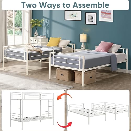 HomJoones Metal Bunk Bed Twin Over Twin Sturdy Heavy Duty Bunk Beds with 2 Side Ladders,Space Saving,No Box Spring Needed,for Boys Girls Teens Adults, Bedroom, Dormitory (White) HomJoones