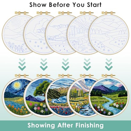 ERKOON 5 Sets Embroidery Kit for Beginners, Butterfly Cross Stitch Set for Include Embroidery Cloth Hoops Threads for Craft Lover Hand Stitch (Landscapes) ERKOON