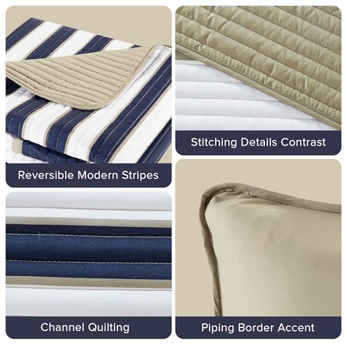 Comfort Spaces Quilt Set Trendy Casual Fun, Vibrant Color Design, Hypoallergenic All Season, Lightweight Coverlet Bedspread Cozy Kids Bedding & Sham Twin/Twin XL Verone White Blue Stripe 2 Piece Comfort Spaces