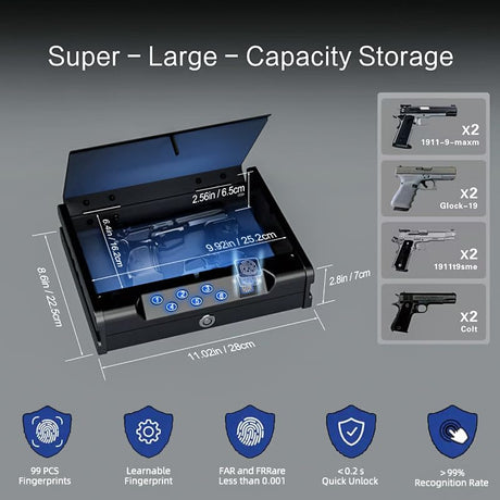 gun safe .Gun Safes for 2 Pistols with 3 Quick-Access Fingerprint，Passcode，Key.with Voice Prompt Pistol SafeHandgun Safe, Hand Gun Lock Box for Home Drawer Car Bedside Nightstand WoodArtSupply