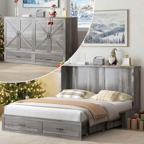 ZAFLY Murphy Bed Queen, Cabinet Bed with Tri-Folding Mattress, Hidden Guest Wall Beds with USB Charging Station & Storage Drawers, Modern Multifunctional Cabinet Murphy Beds, Saving Spaces - Grey ZAFLY