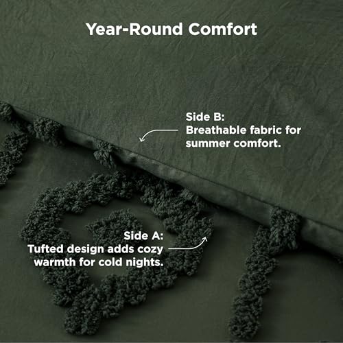 Bedsure Boho Tufted Green Comforter Set Queen Size, GentleSoft™ 3 Pieces Boho Farmhouse Decor Bedding, Exquisite Shabby Chic Bedding for All Seasons, 1 Bed Comforter, 2 Pillow Shams, 90x90 Inches Bedsure