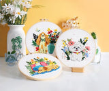 Konrisa 3 pcs Dog Flower Embroidery Kits for Beginners, Needlepoint Cross Stitch Kits with Pattern, DIY Sewing Practice Kit, Include 1pcs Hoop