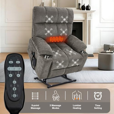 RHHVVR Oversized Recliner Electric Lift Chair, Power Lift Recliner for Big and Tall, 180° Lay-Flat and Assisted Standing, Extra Large Sofa with 8-Point Massage & Heating, Medium-Soft, Gray RHHVVR