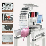 Fokuse brand FKS-1001 Commercial Embroidery Machine with 10 needle, Embroidery Area 14.2"x9.5", 1200SPM Max Speed, 7" Touch Screen, suitable for T-shirt, Hat, Flat, Bag and more