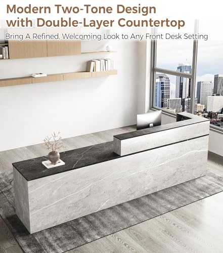 79" L-Shaped Reception Desk with Counter – Modern Front Desk Reception Room Table with Lockable Drawer, Keyboard Tray & Cable Grommet for Office, Salon, Lobby, Checkout (Gray & Black, Left) Anzhap