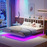 VERFARM Floating Double Bed Frame with USB Charging Station, LED Bed Frame with Wood Storage Headboard, Metal Platform Bed Frame Full Size, No Box Spring Needed, Steel Slat Support, White VERFARM