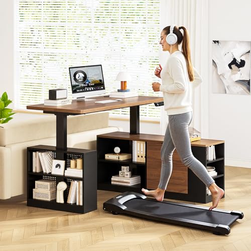 UPOSOJA L Shaped Standing Desk Adjustable Height, 53" Electric Office Desk with File Drawers & Storage Shelves, Sit Stand Corner Computer Desk with Power Outlets, Pegboard, 6 Hooks, Black & Walnut UPOSOJA