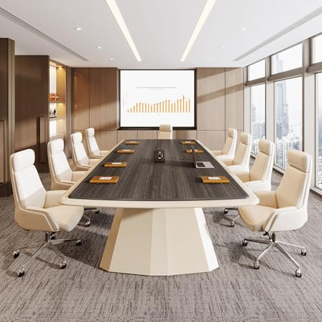 Tribesigns 7.87 ft Extra Long Conference Table for 10-12 People, Large Business Rectangle Meeting Seminar Table with Stainless Steel Base & Recessed Power Strip Socket, Gray + Khaki Tribesigns