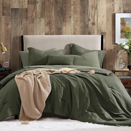Geniospin Dark Olive Green Oversize Queen Comforter Set - 7 Pieces Comforter Queen Size, Solid Bedding Set for All Season, Textured Bed in a Bag with Sheets Geniospin