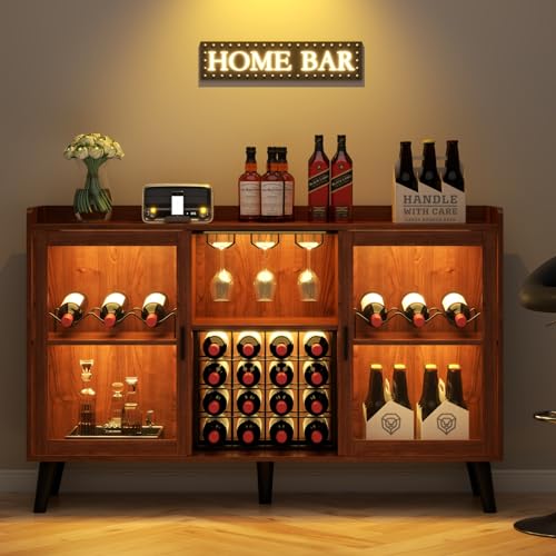 Auromie Wine Bar Cabinet with Led Light, Home Coffee Cabinet with Wine and Glass Rack, Kitchen Buffet Sideboard with Storage Shelves, Freestanding Liquor Cabinet for Living Room, Dining Room (Walnut)