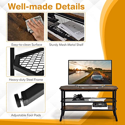 Tangkula TV Stand for TVs up to 46 Inch, 3-Tier Industrial Wooden Console Table with Mesh Grid Storage Shelf, Metal Frame, Rustic Entertainment Center for Living Room (Rustic Brown) Tangkula