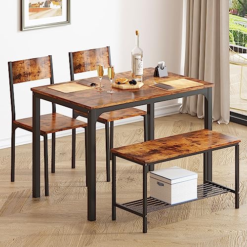 soges 4 Person Dining Table Set, 43.3inch Kitchen Table Set for 4, Dining Room 2 Chairs with Backrest, 2-Person Bench with Storage Rack, Vintage Brown soges