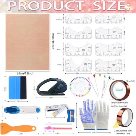 XEUZK Sublimation Shirts Tool Kits with 8 T Shirt rulers, 3Pack Teflon Sheet for Heat Press 12 x 16in, Heat Resistant Gloves with Silicone Bumps, 2 Rolls Heat Resistant Tape, 2Pcs Sublimation Pencil XEUZK