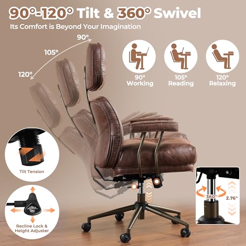 ovios Ergonomic Office Chair, High Back Faux Leather Executive Chairs with Thick Cushion, Comfy Mid-Century Modern Swivel Rolling Computer Armchair (Dark Brown, Suede Leather) ovios