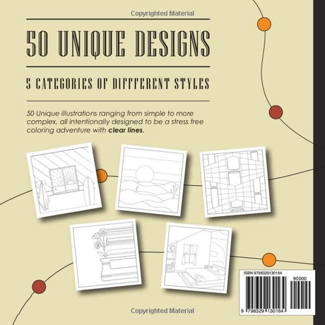 Clear lines: Coloring book for children and adults, 50 stress-free designs, Calming window views, Relaxing landscapes, Abstract shapes, Cozy interiors Majosta
