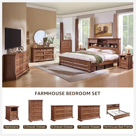 Farmhouse King Size Bed Frame with 54" Tall Headboard, Headboard with 4 Storage Rack, 2 Drawers, Wood Platform Bed Frame,18" Roman Column Decoration Footboard, No Box Spring Needed(Reclaimed Barnwood) T4TREAM