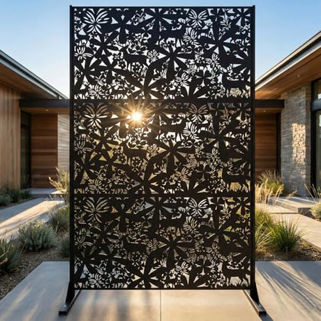 Metal Privacy Screen Outdoor 6FT – Freestanding Laser Cut Steel Garden Divider Panel with Stand, Decorative Modern Privacy Screen for Patio, Deck, Backyard & Balcony, Rustproof & Weather-Resistant WIZWERK