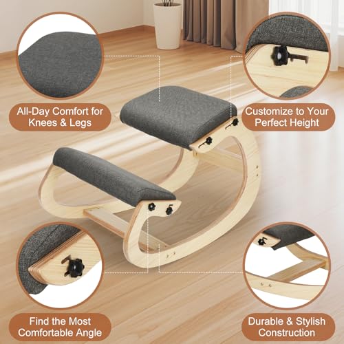 Ultimate Ergonomic Kneeling Chair - Adjustable Seat & Smooth Rocking Base for Active Posture Support, Effectively Relieves Back & Spine Pressure at Home/Office, Sturdy Kneeling Chair Holds 300lbs Drizzlen
