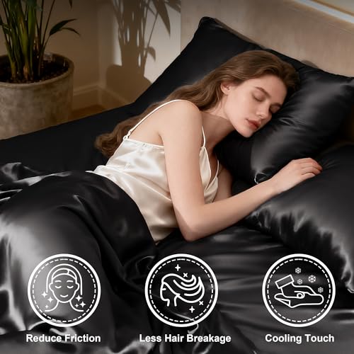 Love's cabin Twin Satin Sheets Sets - 3 Piece Black Silky Bed Sheets with Deep Pockets, Luxury Silk Feel Satin Twin Size Sheet Set Bedding Set (1 Flat Sheet,1 Fitted Sheet,1 Pillow case) Love's cabin