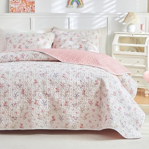Joyreap 3 Pieces Cotton Quilt Set for Girls, Full/Queen Size Pink Flowers Floral Design, Cozy Lightweight Quilt Bedspread Bed Cover for All Season, 1 Quilt and 2 Pillow Shams- 90x90 inches Joyreap