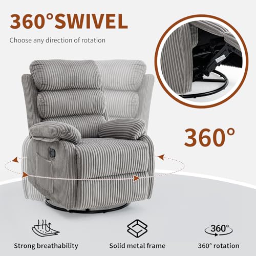 Seanrum Plush Premium Velvet 360° Swivel Rocker Recliner Chair - High Back Glider with Generous Footrest, Supportive Armrests & Side Pocket for Nursery, Living Room & Small Spaces Grey
