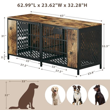63" Large Double Dog Kennel Furniture for 2 Dogs – Extra Sturdy XXL Metal & Wooden Medium Dog Cage with Removable Divider, Dual Doors & Name Tags – Indoor/Outdoor Crate for Large Breeds HUAHUU
