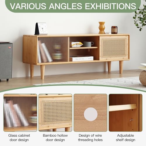 Welnow Rattan TV Stand for Up to 55 Inch, Mid Century Modern Bamboo Entertainment Center with 2 Cabinets & Adjustable Shelf, Storage Media Console Table for Living Room, Bedroom, Natural Welnow