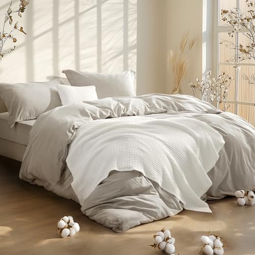 Bedsure 5 Pieces Cotton Comforter Set with Waffle Throw Blanket - Soft Breathable Bedding Set for All Seasons, Beige Queen Comforter, Pillow Shams, White 100% Cotton Blanket, Throw Pillow Bedsure