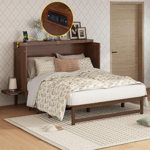 KALALLA Queen Size Murphy Cabinet Bed with Desk Combo and 2 Removable Shelves, USB Charging Station, Murphy Chest Dresser Foldable Bed, Space Saving for Small Space - Walnut KALALLA