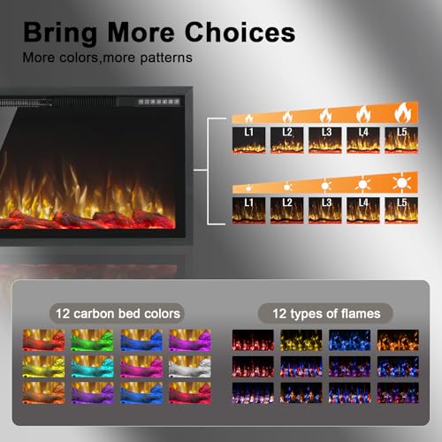 PRETZI 60" Electric Fireplace Ultra Narrow Aluminum Frame & Wide Screen, Electric Fireplace Inserts/Wall Mounted with Heater, Adjustable Flame Color and Brightness, Remote Control/Timer, 750/1500w PRETZI