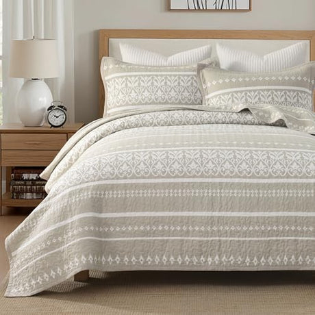 Qiqiong Boho Quilt Set Queen Size - 100% Cotton Boho Striped Quilt Bedding Set - Beige and White Bohemian Quilt Set with Shams 3 Piece - All-Season Lightweight Coverlet & Bedspread Set Qiqiong