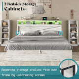 AMERLIFE King Size Lift Up Storage Bed Frame, 45.1" LED Bed Frame with 2 Side Shelves & Bookcase Headboard, Farmhouse Wood Platform Bed with Charging Station, No Box Spring Needed, Distressed White AMERLIFE