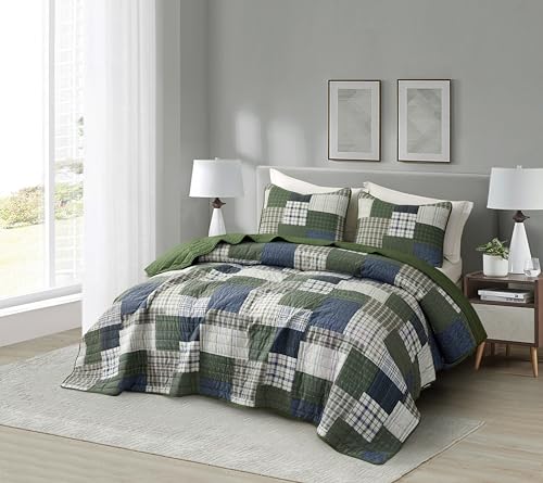 Chezmoi Collection Cedar 2-Piece Printed Patchwork Quilt Set, Green Navy Plaid Coverlet - Pre-Washed Microfiber Lightweight Bedspread for All Seasons, Twin Size Chezmoi Collection