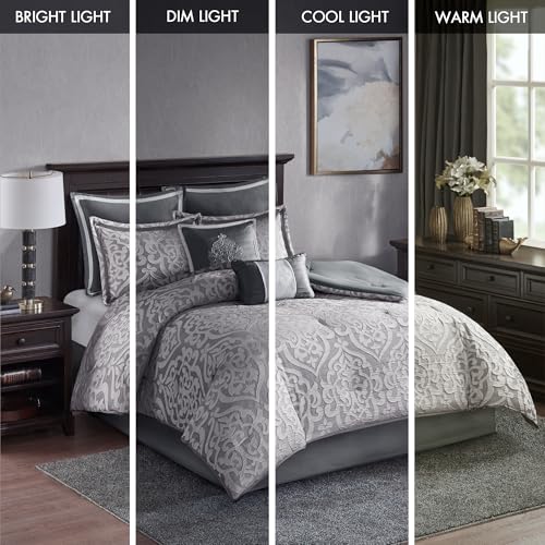 Madison Park Odette Cozy Comforter Set Jacquard Damask Medallion Design - Modern All Season, Down Alternative Bedding, Shams, Decorative Pillows, Queen(90 in x 90 in), Silver 8 Piece Madison Park