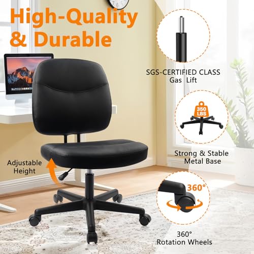 CLATINA Armless Home Office Chair, Small PU Leather Ergonomic Low Back Desk Chair with Lumbar Support and Wheels, Adjustable Height 360° Swivel Rolling Computer Task Chair, Black CLATINA