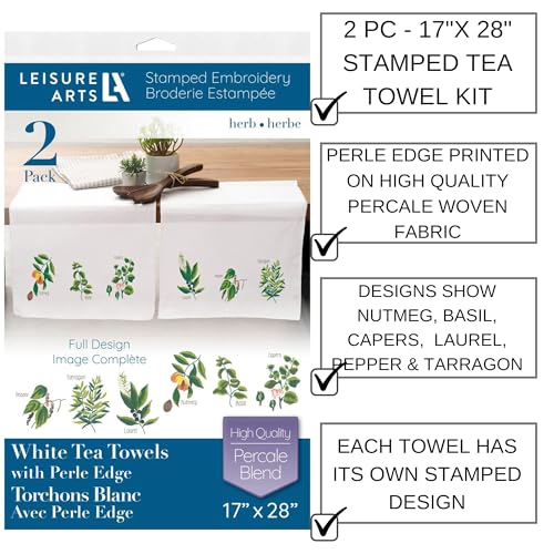 LEISURE ARTS Stamped Embroidery Tea Towels – 2 Pack Herbs Designs 17”x28” | Beginner Hand Embroidery Kit for Adults | Perle Edge Cotton Blend Towels w/DMC, Anchor & Coats Floss Guide