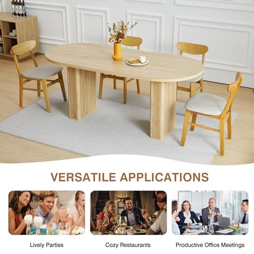 70.8 Inch Kitchen Dining Table for 4-6 People, Oval Kitchen Table with Wood Strip Base, Modern Farmhouse Large Round Dining Room Tables for Living Room (Natural) weselon
