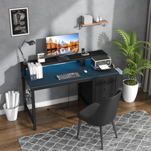 Lufeiya Gaming Desk with LED Lights and Power Outlets, 47 inch Computer Desk with Fabric Drawers, Reversible Home Office Desk with Monitor Stand, Black Lufeiya