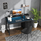 Lufeiya Gaming Desk with LED Lights and Power Outlets, 47 inch Computer Desk with Fabric Drawers, Reversible Home Office Desk with Monitor Stand, Black Lufeiya