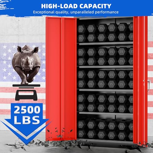 Pataku Metal Storage Cabinet, 72" Garage Cabinet with Doors and Shelves Lockable Steel Multifunctional Cabinet, Tool Cabinet for Garage, File Cabinet for Home, Office, Warehouse(Black Red) Pataku