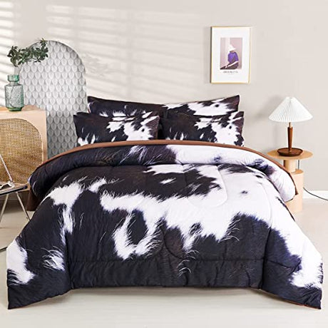 SUCSES King Size Comforter Set 8 Pieces Western Farmhouse Style Bedding Set Highland Rustic Cow Fur Print Bed in A Bag Comforter Set with Sheets (Cow Fur Pattern, King) SUCSES