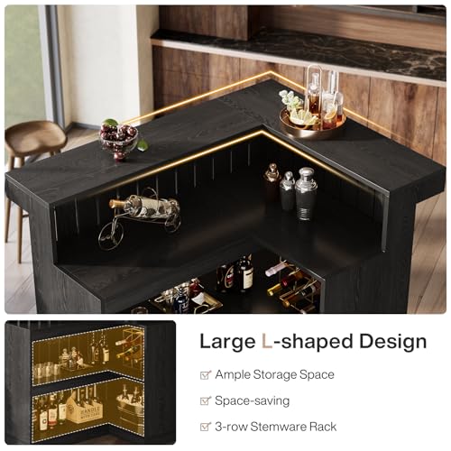 Tribesigns L-Shaped Home Bar Unit, 4-Tier Corner Liquor Bar Table with Storage Shelves and Wine Glasses Holder, Industrial Wine Cabinet Reception Desk for Home Pub (1, Black) Tribesigns