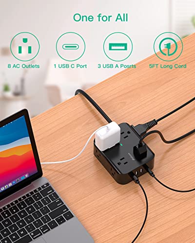 Power Strip Surge Protector - Flat Plug, Wall Mount, 8 Wide Outlets with 4 USB Ports (1 USB C), 5FT Heavy Duty Extension Cord with Multiple Outlets, Charging Station Overload Protection for H - WoodArtSupply