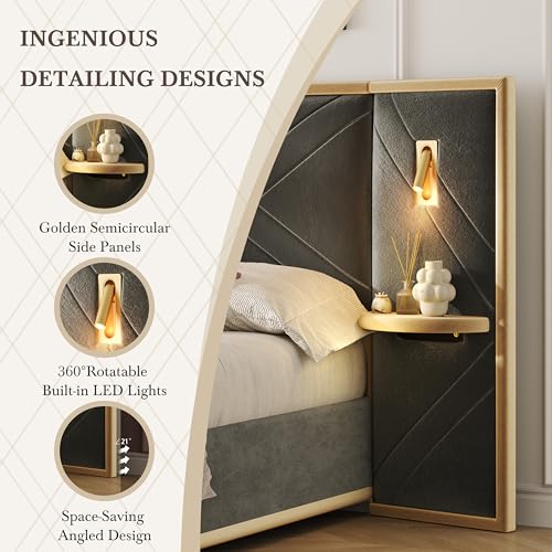 Merax King Bed Frame with 2 Built-in Led Lights and 2 Floating Storage Shelves, Luxury Velvet Upholstered Platform Bed Frame King Size with Wingback Headboard for Bedroom, No Box Spring Needed, Grey Merax