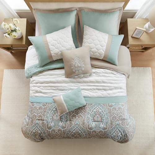 510 DESIGN Luxe Quilted Comforter Set Modern Transitional Design, All Season Down Alternative Warm Bedding Matching Shams, Bedskirt, Decorative Pillow, King, Shawnee Scrollwork Seafoam 510 DESIGN