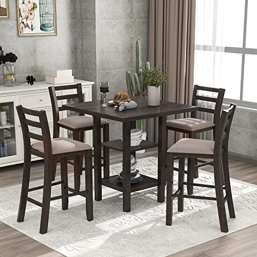 LUMISOL 5-Piece Counter Height Dining Table Set for 4, Square Dining Table Set for Dining Room Kitchen, Farmhouse Kitchen Table with 2-Tier Storage Shelves and 4 Padded Chairs, Espresso LUMISOL