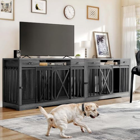 DWVO 63 Inch Double Dog Crate Furniture for 2 Dogs, Heavy Duty Wooden Dog Crate TV Stand with Charging Station, Dog Kennel Indoor Furniture Double Sliding Barn Door Design Ideal for 2 Dogs, Oak DWVO